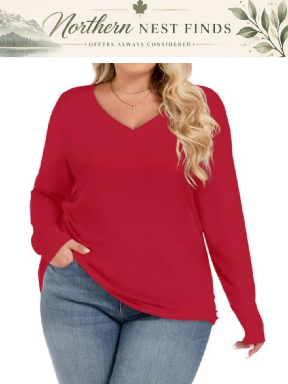 Women's Plus Size Long Sleeve V Neck Loose Fit Tunic Tee